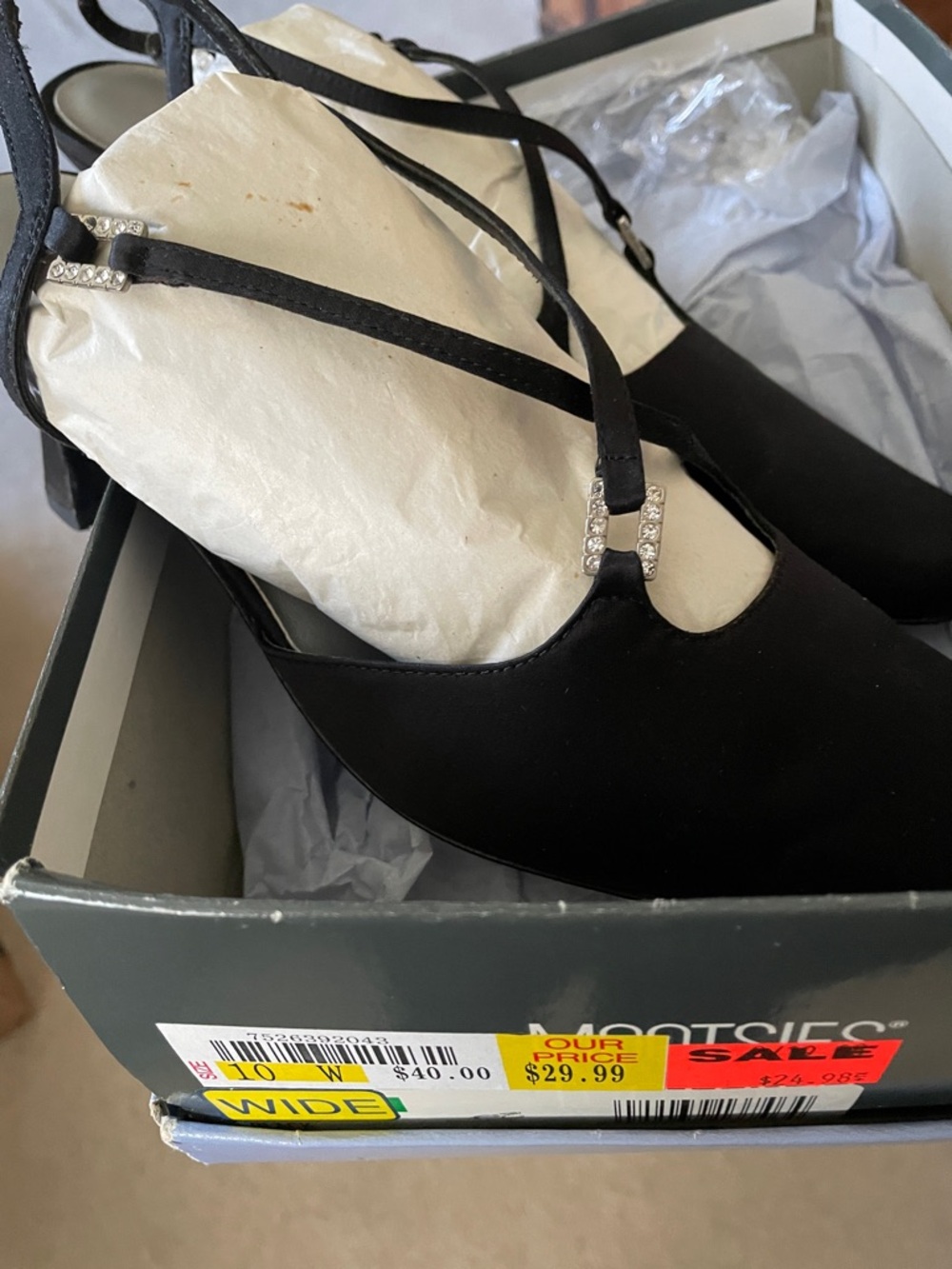 Mootsies Tootsies Black Satin T-Strap Pumps with Crystal Accents